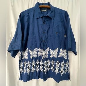 Ying Yang brand Blue Hawaiian Hibiscus tribal inspired Button Up Men’s size XL